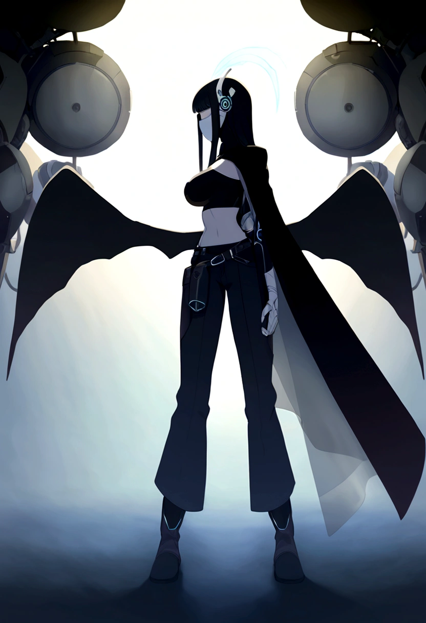 Long black hair woman, cybernetic face mask, with wings from the back of the mask entirely cybernetic right arm, having a black long shoulder cape on the right arm, wearing a black crop top covering medium sized breasts, and long black pants with boots, having a lightly loose belt. Facing forwards