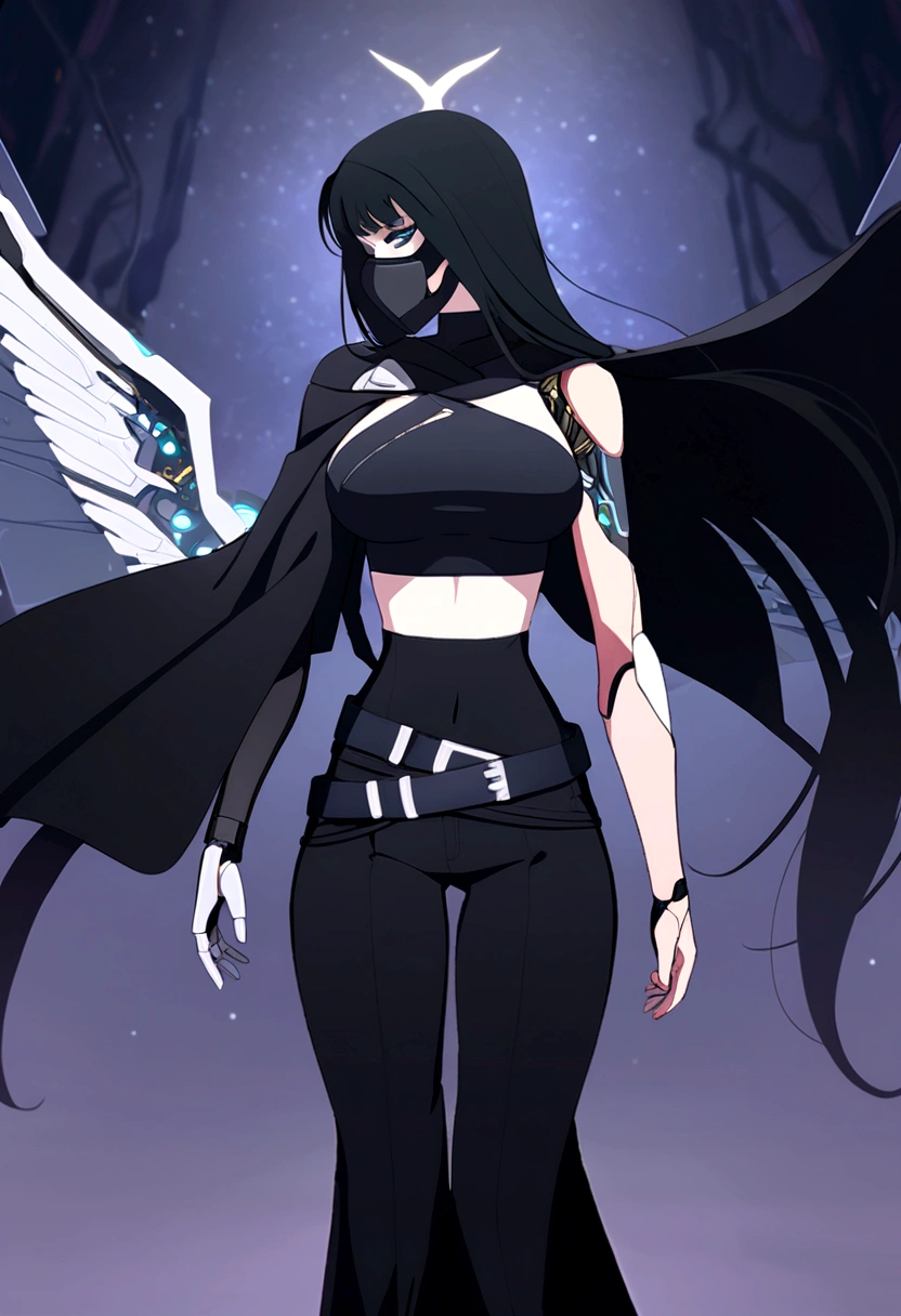 Long black hair woman, cybernetic face mask, with wings from the back of the mask entirely cybernetic right arm, having a black long shoulder cape on the right arm, wearing a black crop top covering medium sized breasts, and long black pants with boots, having a lightly loose belt. Facing forwards