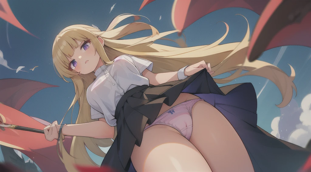 1 woman, skirts, (show off g-string detailed pantie), (hands skirt lift), from front, cowboy shot, BREAK annoyed,shoot from below,blonde hair , thick bluish eyeshadow, thin eyebrows, thick black eyeliner, Highlighted eyes with eyeliner, false eyelashes,,(tanned skin:1.2),