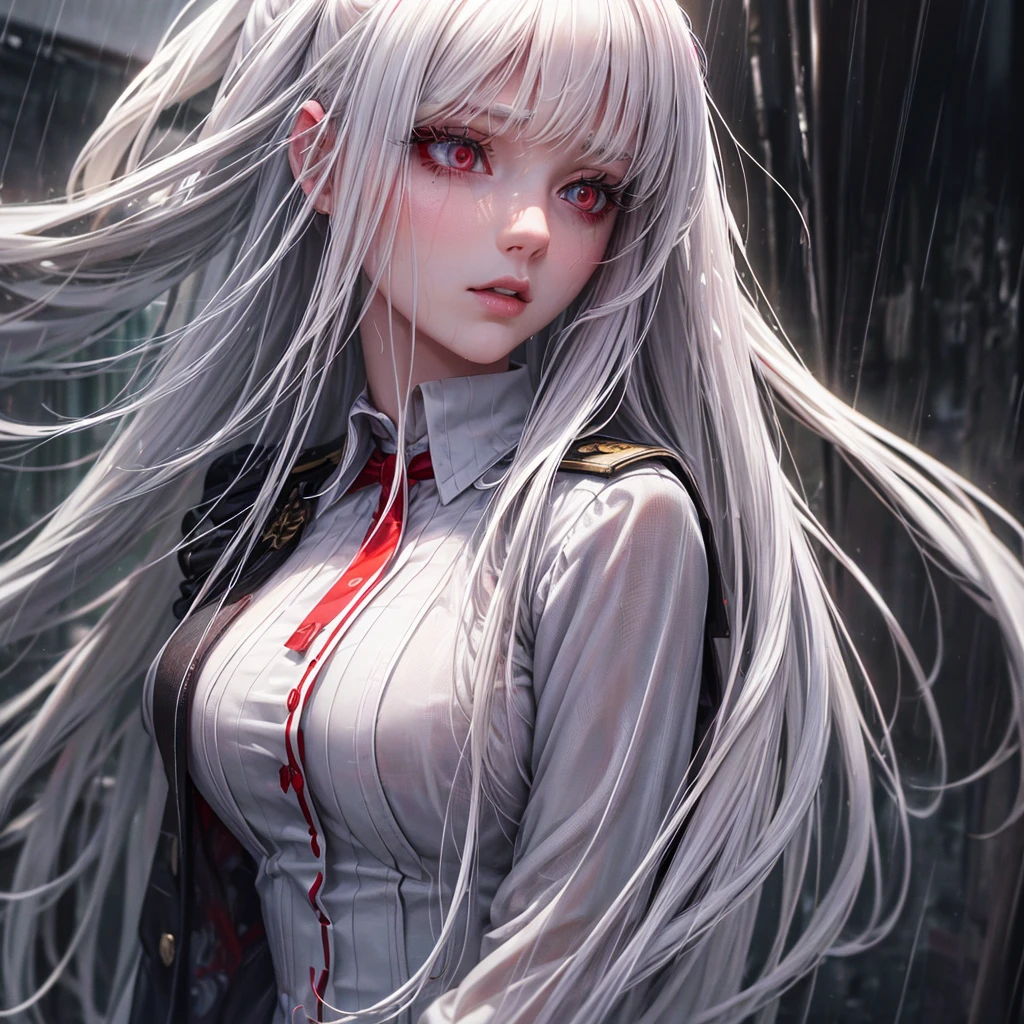 a beautiful young woman with long white hair and red eyes, pale skin, wearing a school girl uniform with a large bust, standing in the rain with her clothes soaked, highly detailed, (best quality,4k,8k,highres,masterpiece:1.2),ultra-detailed,(realistic,photorealistic,photo-realistic:1.37),solo,,rain,wet clothes,pale skin,red eyes,white hair,large breasts,soaked,detailed facial features,beautiful eyes,beautiful lips,extremely detailed eyes and face,long eyelashes,school setting,detailed background,dramatic lighting,moody atmosphere