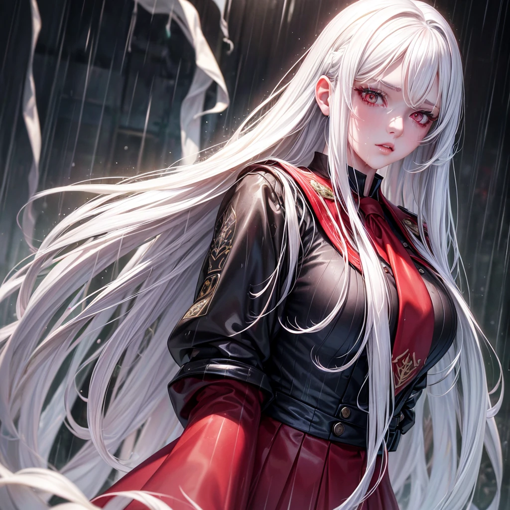 a beautiful young woman with long white hair and red eyes, pale skin, wearing a school girl uniform with a large bust, standing in the rain with her clothes soaked, highly detailed, (best quality,4k,8k,highres,masterpiece:1.2),ultra-detailed,(realistic,photorealistic,photo-realistic:1.37),solo,,rain,wet clothes,pale skin,red eyes,white hair,large breasts,soaked,detailed facial features,beautiful eyes,beautiful lips,extremely detailed eyes and face,long eyelashes,school setting,detailed background,dramatic lighting,moody atmosphere