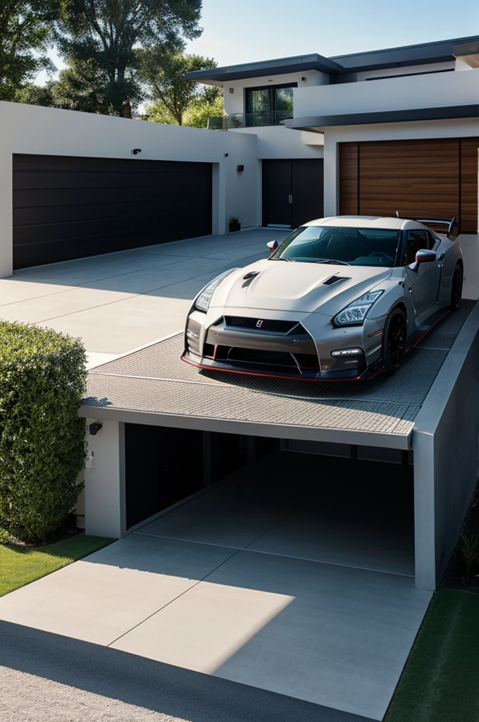 Grande maison moderne avec piscine et une Nissan gtr r35 nismo devant le garage.
