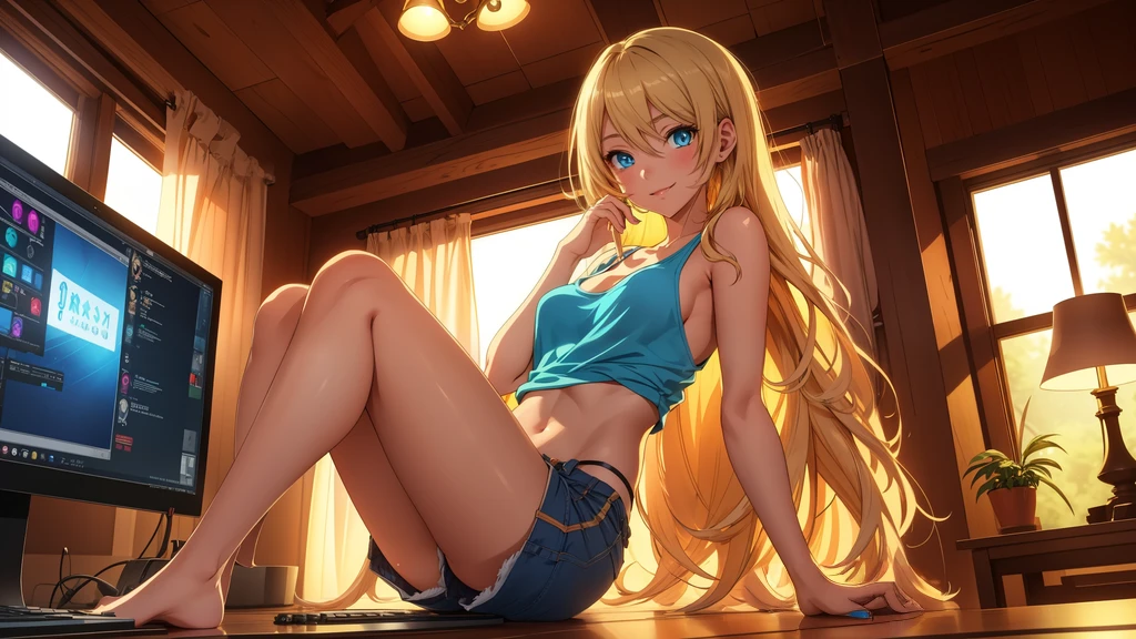 Create a high-quality, detailed image of a beautiful, sexy anime lofi girl with long blonde hair, bright blue eyes, and a smile, sitting at her gaming PC in a cozy lounge. She wears a tank top and shorts, showing her shoulder and midriff. The warm, inviting scene includes soft ambient lighting, comfortable seating, and a high-end PC setup with multiple monitors and RGB lighting. The girl is barefoot, and the setting is illuminated by a small lamp, creating a serene and intimate atmosphere