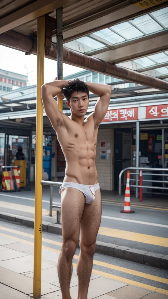 thief, punishment, Spread your arms, bound wrists and ankles, nude , shirtless, light brown underwear,tied to a pole, bus station, Korean young man,