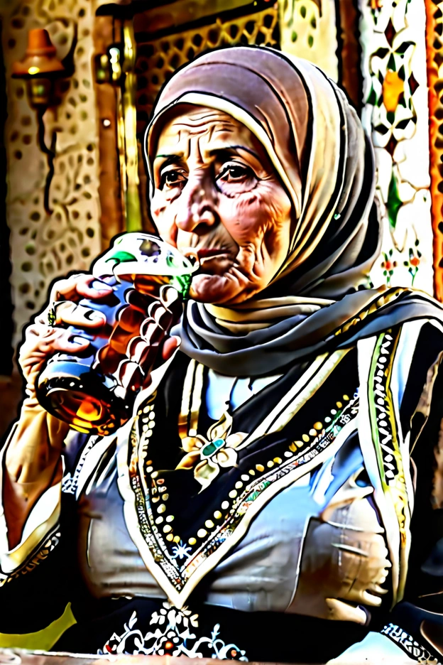 Kurdish older mature woman in straight hijab breasts drinking beer holding beer bottle