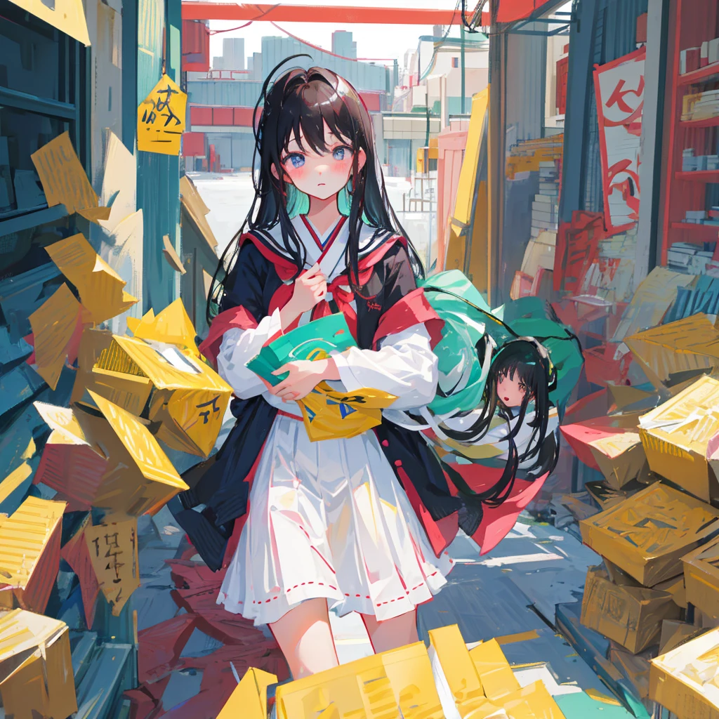 Japanese Girls、Black Hair、Long Hair、wearing student uniform,Blushing
