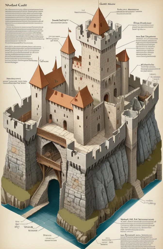 (((Textbook page with isometric cutaway view of medieval castle, Cross-sectional view, labeled parts, Detailed technical drawing))) stone walls with windows, fortified towers with wooden parts, mechanical bascule bridge, water ditch, ((giant castle)) vegetation, all one color, ((winged dragon))