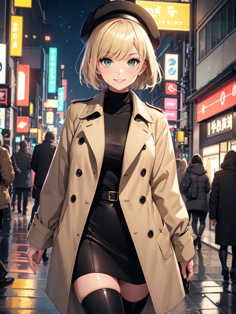 1girl, short blonde hair with bangs, almond shaped green eyes, wearing a simple black turtleneck, a beige trench coat, a black mini skirt, black knee high boots, slight makeup, rose lipgloss, smiling softly, black cap, walking through tokyo, absurdres, high res, ultrasharp, 8k, masterpiece, looking at store windows, starry night sky, neon city lights