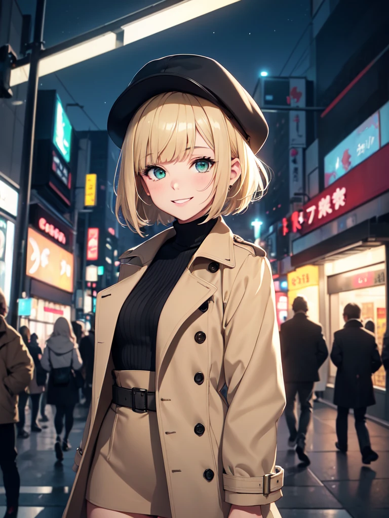 1girl, short blonde hair with bangs, almond shaped green eyes, wearing a simple black turtleneck, a beige trench coat, a black mini skirt, black knee high boots, slight makeup, rose lipgloss, smiling softly, black cap, walking through tokyo, absurdres, high res, ultrasharp, 8k, masterpiece, looking at store windows, starry night sky, neon city lights