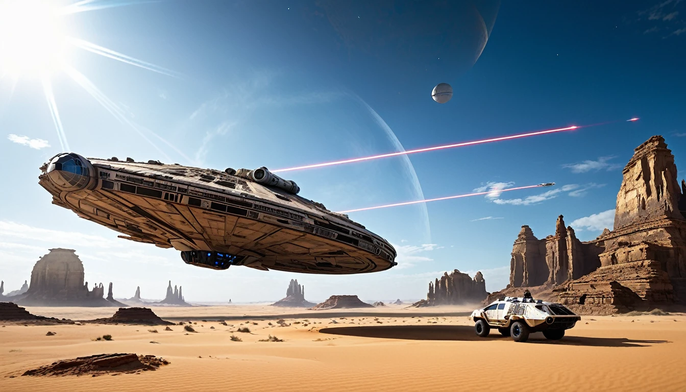 “In a desert landscape beneath a vast sky, towering rock formations rise. The iconic Star Wars Millennium Falcon flies overhead. In the foreground, a large, futuristic bus-like vehicle is parked on the sandy terrain. Saturn-like rings adorn the sky, adding a surreal touch. Include the ‘Star Wars,Camera angle: The camera is positioned at a slightly upward angle, capturing the grandeur of the rock formations and the vastness of the sky. Lighting: The sun is setting, creating warm, golden light that bathes the landscape. Shadows cast by the rocks are elongated. Millennium Falcon details: The Millennium Falcon is flying toward the horizon, with its rear thrusters emitting a characteristic blue glow. Details like laser cannons and the ship’s panels should be visible. Futuristic vehicle: The vehicle parked in the foreground has large windows and an aerodynamic design. It may have retractable wheels or float slightly above the ground. Saturn-like rings: The translucent rings resembling those of Saturn extend across the sky, creating a magical effect. Sand texture: The desert sand has a granulated texture, with small dunes formed by the wind.hyper realistic composition,32k resolution,cinematic composition,cinematic color grading.photography whit Phaseone 35mm,death of field lens.