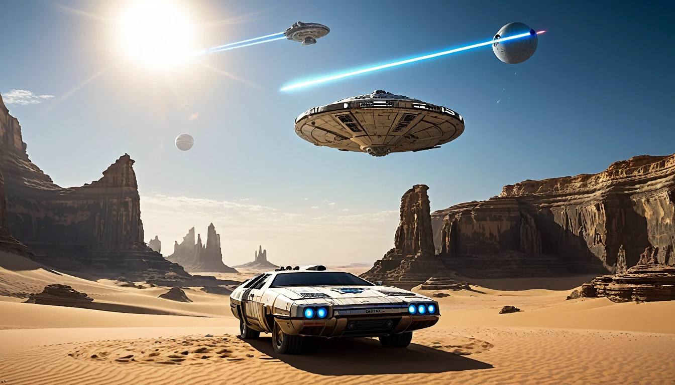 “In a desert landscape beneath a vast sky, towering rock formations rise. The iconic Star Wars Millennium Falcon flies overhead. In the foreground, a large, futuristic bus-like vehicle is parked on the sandy terrain. Saturn-like rings adorn the sky, adding a surreal touch. Include the ‘Star Wars,Camera angle: The camera is positioned at a slightly upward angle, capturing the grandeur of the rock formations and the vastness of the sky. Lighting: The sun is setting, creating warm, golden light that bathes the landscape. Shadows cast by the rocks are elongated. Millennium Falcon details: The Millennium Falcon is flying toward the horizon, with its rear thrusters emitting a characteristic blue glow. Details like laser cannons and the ship’s panels should be visible. Futuristic vehicle: The vehicle parked in the foreground has large windows and an aerodynamic design. It may have retractable wheels or float slightly above the ground. Saturn-like rings: The translucent rings resembling those of Saturn extend across the sky, creating a magical effect. Sand texture: The desert sand has a granulated texture, with small dunes formed by the wind.hyper realistic composition,32k resolution,cinematic composition,cinematic color grading.photography whit Phaseone 35mm,death of field lens.