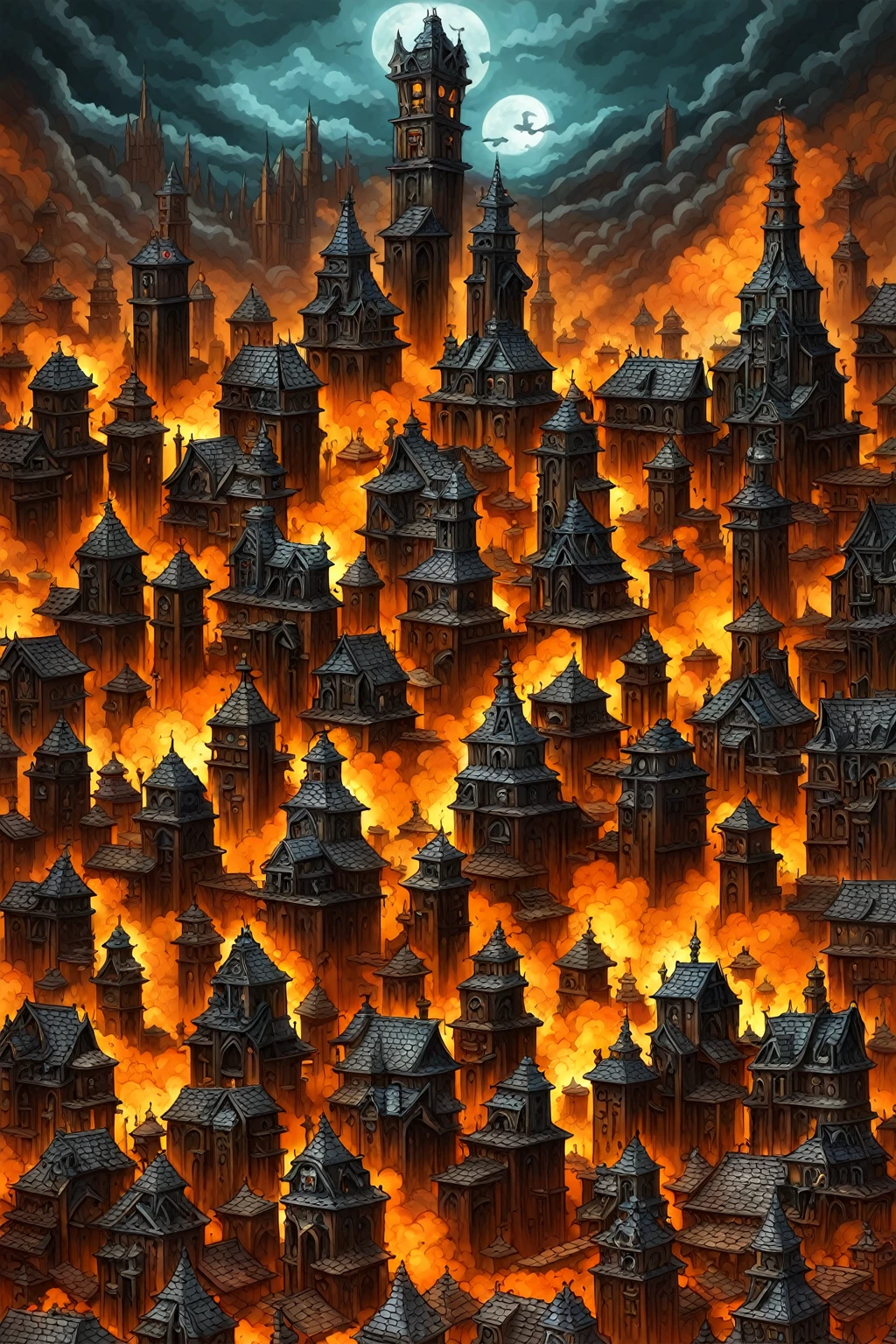 singe style dungeons & dragon old cardboard big city in the back ground doom day