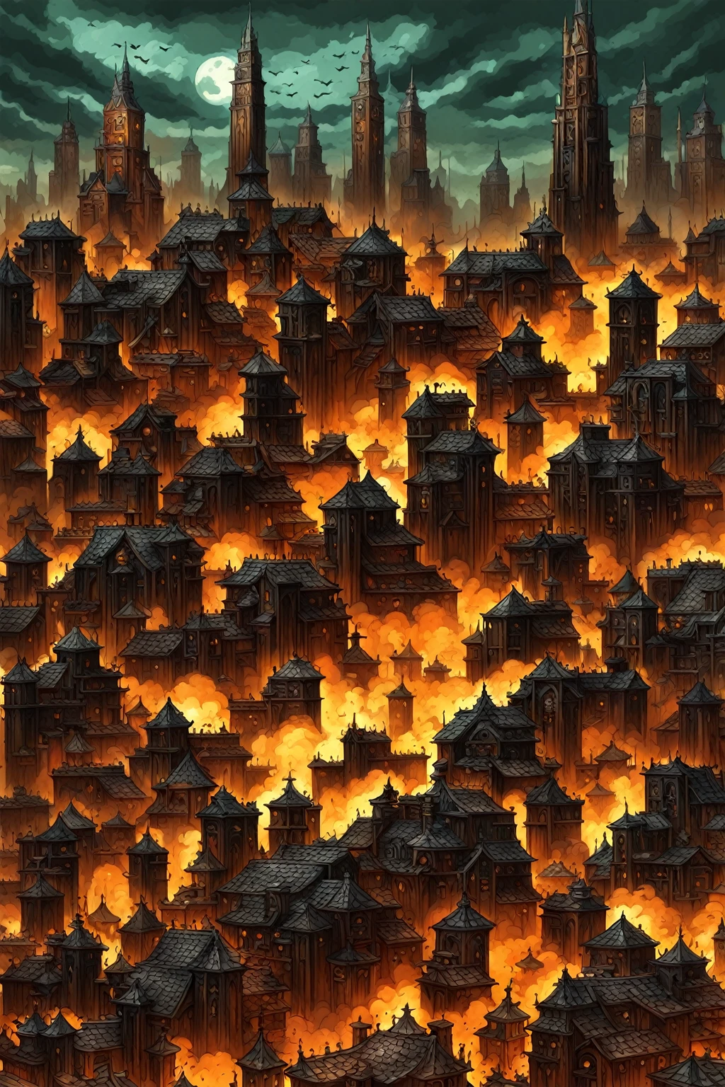 singe style dungeons & dragon old cardboard big city in the back ground doom day
