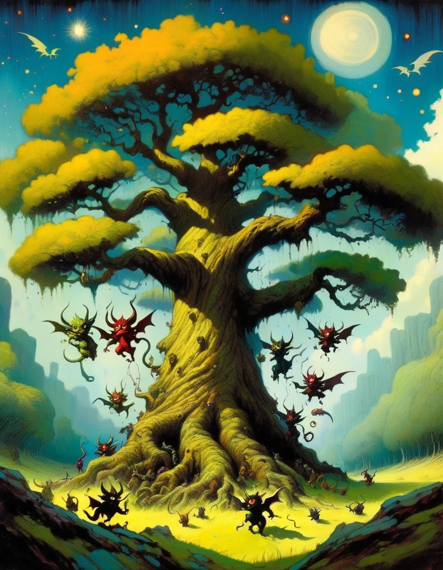 large tree that climbs to the heavens, impressive landscape, small and funny demons inhabit the tree, (art inspired in Skottie Young and Bill Sienkiewicz). oil painting)