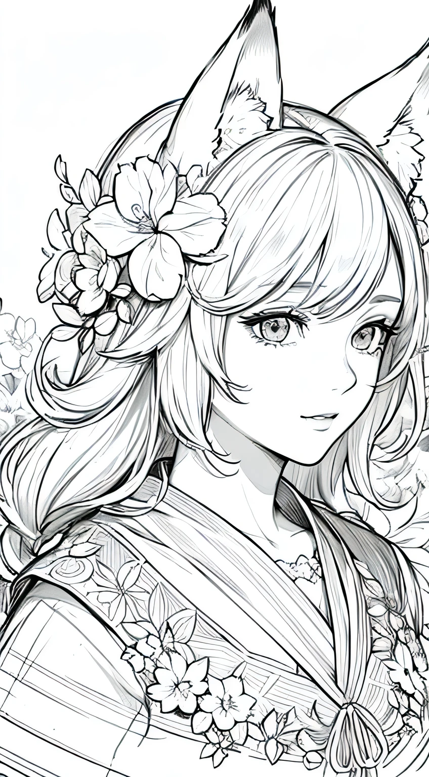 masterpiece, superlative, fox ears, male , solo, bust closeup, flower line drawing background, white background, monochrome, line drawing, ((sketch))