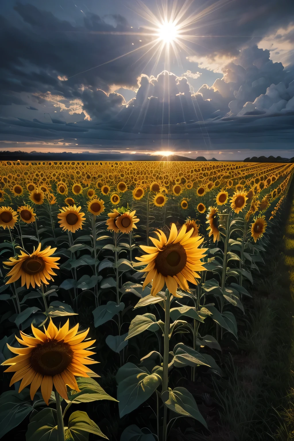 Huge ultra flowery night grassland dark sunflowers silvery clouds sunlight piercing through them cinematic view water