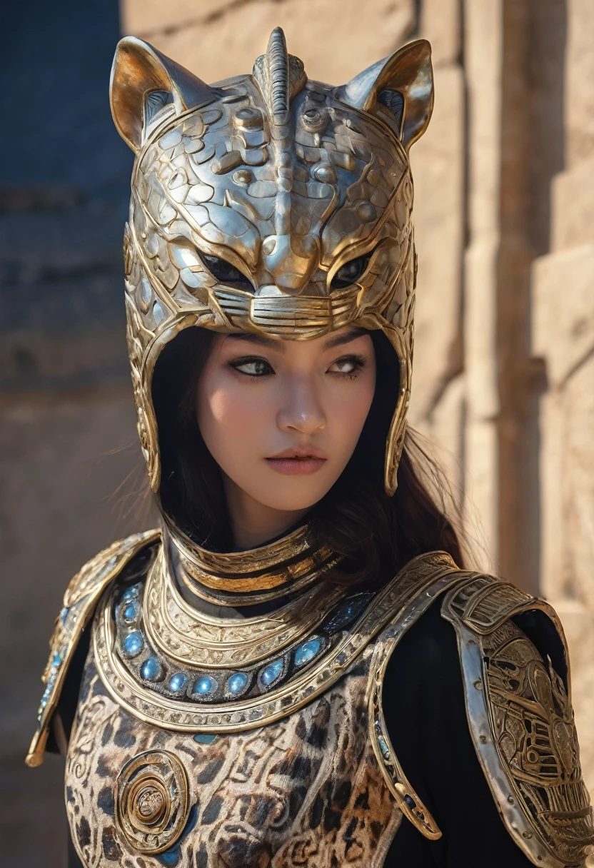 Here is the Portuguese translation:
((not a human, angry male snow leopard in epic egyptian armor,a worn-out hood with runes and a highly technological helmet)), (olhos brilhantes), foto crua, (landscape with a stunningly epic skyline of ancient valley and a temple), obra-prima, Nordic, , Melhor qualidade, dynamic position, ultra detalhado, Placas de metal, ferrugem, corpo inteiro, rastro de luz, dramatic lighting, tom vermelho, cabelo curto, Fotorrealista, Ultrarrealista, hiper-detalhado, analog style, soft lighting, espalhamento subsuperficial, Realista, Sombra pesada, obra-prima, Melhor qualidade, ultra Realista, 8K, alto detalhe, analog photography, foco suave, (Close-up de frente a frente)