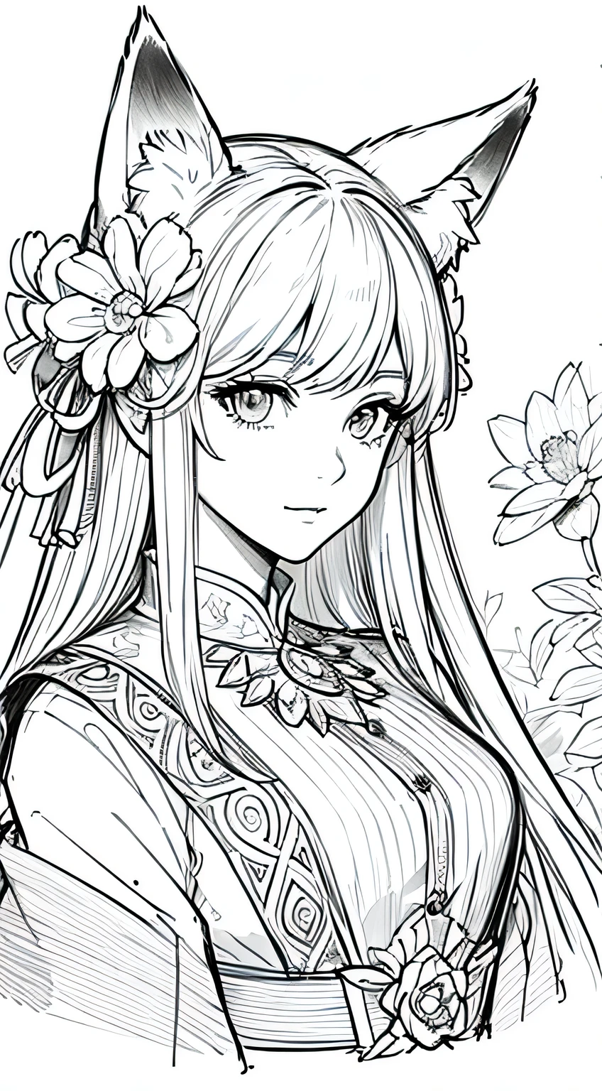 masterpiece, superlative, fox ears, male , solo, bust closeup, flower line drawing background, white background, monochrome, line drawing, ((sketch))