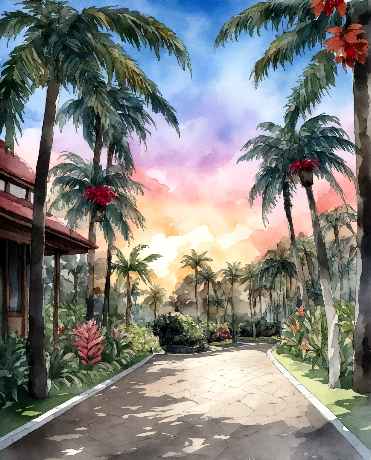 An imaginative watercolor interpretation of the street lined with palm trees, watercolor canva,where the colors blend and flow, tropical trees, exterior botanical garden, with palm trees in the back, natural botanical gardens, botanical garden, palm trees in the background, tree palms in background, Descriptive keywords: Imaginative watercolor, Color blending, Watercolor ambiance, Twilight inspiration, Side of the image with white blur. Camera type: Watercolor paper. Time of the day: Twilight sunset. Style of artwork: Whimsical and imaginative. By artist: TwilightCanvas -ar 3:2
