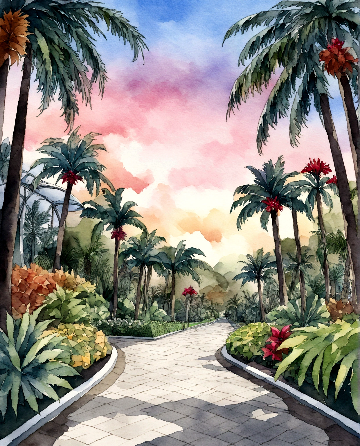 An imaginative watercolor interpretation of the street lined with palm trees, watercolor canva,where the colors blend and flow, tropical trees, exterior botanical garden, with palm trees in the back, natural botanical gardens, botanical garden, palm trees in the background, tree palms in background, Descriptive keywords: Imaginative watercolor, Color blending, Watercolor ambiance, Twilight inspiration, Side of the image with white blur. Camera type: Watercolor paper. Time of the day: Twilight sunset. Style of artwork: Whimsical and imaginative. By artist: TwilightCanvas -ar 3:2