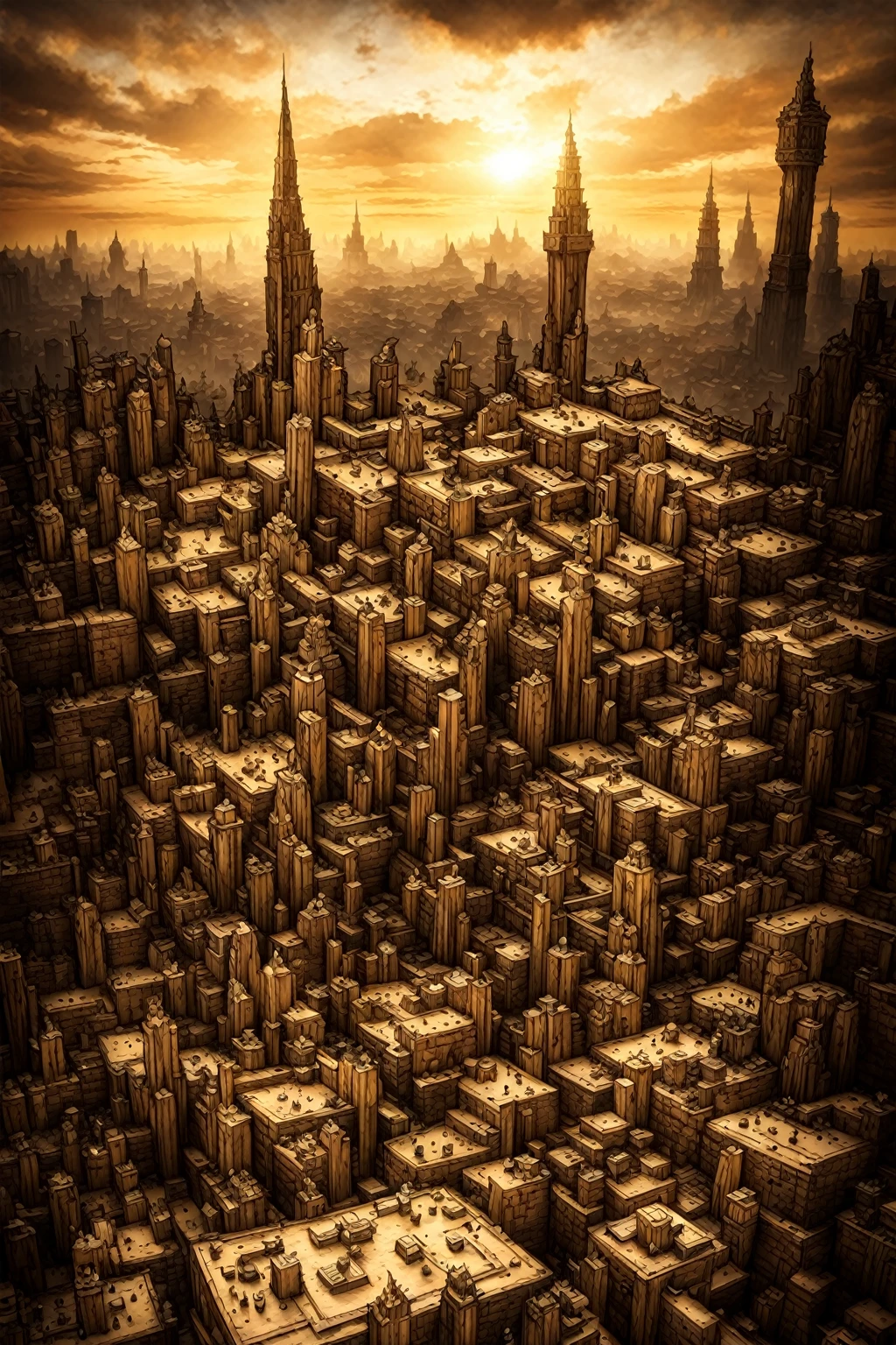 singe style dungeons & dragon old cardboard big city in the back ground weird ambiance , unusual city