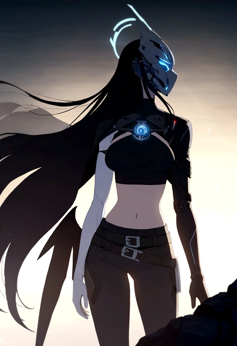 Long black hair woman, cybernetic face mask, wings on the back side of the face mask, entirely cybernetic right arm, having a black long shoulder cape on the right arm, wearing a black crop top covering medium sized breasts, and long black pants with boots, having a lightly loose belt. Facing forwards