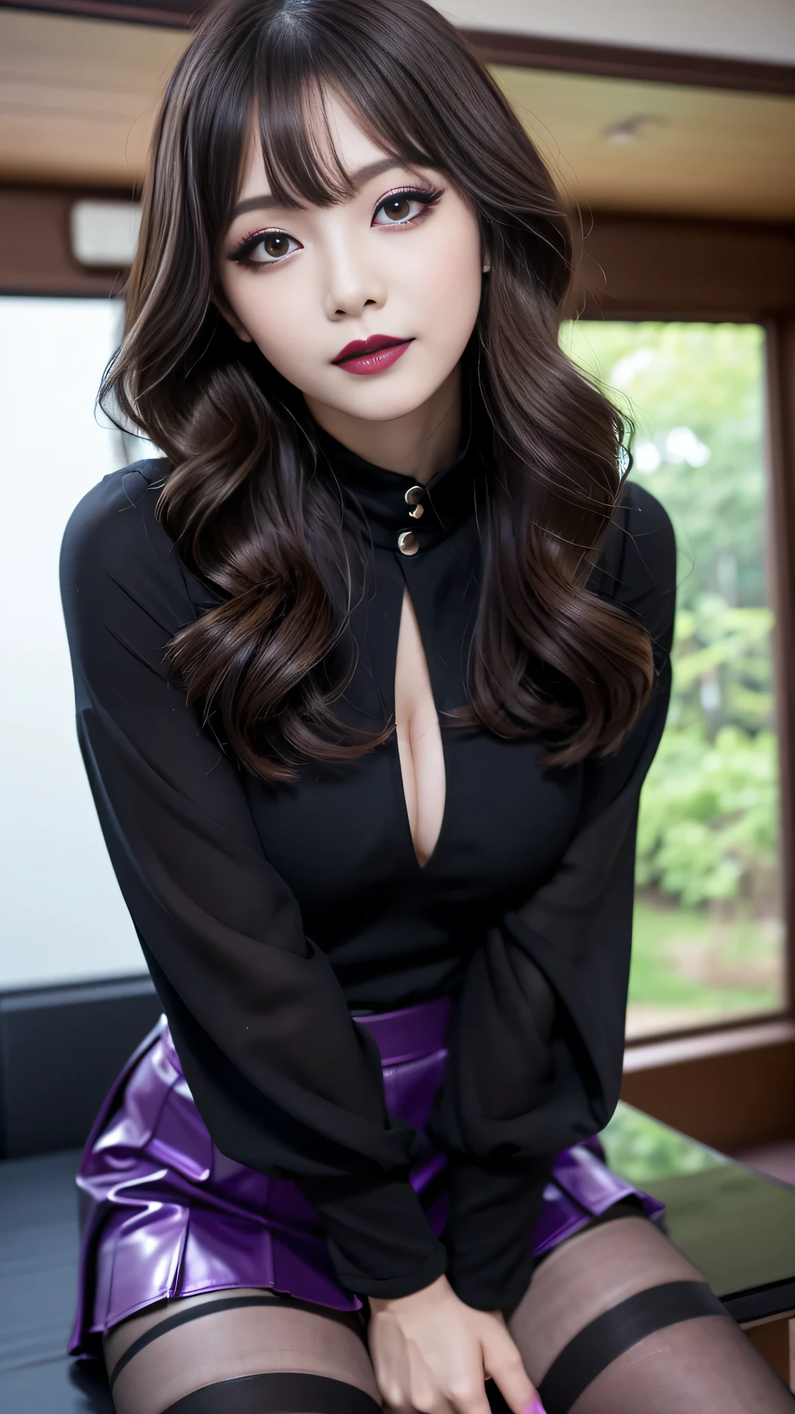 best quality、ultra-detailed、8k、Japanese、Japanese、Seductive beauty、seductive adult woman、Pretty Woman、cool girl、smirk、Wicked Smile、Villainess、brainwash makeup、Brainwashed、brainwash、Fallen into evil、Evil look、evil、Brown hair、wavy hair、swept bangs、dark makeup、piercing eyes、hollow eyes,half-closed eyes、Hollow Eyes、purple Eyeshadow、black lipstick、black lipglos、black elegant dress、wide sleeve、Black flared skirt、skin color pantyhose、stockings、night、inside darkroom、hand hold pantyhose、Are standing、Look、Offer、shoot from below、Swear allegiance、I have pledged my allegiance、