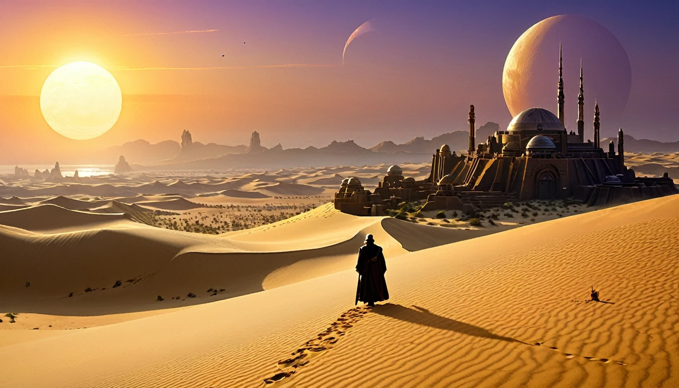 “Imagine a scene on a distant desert planet, reminiscente de Tatooine, where a lone Jedi knight finds himself on a sand dune, observando o horizonte. In the sky, two moons are visible, e ao longe, the ruins of an ancient civilization emerge from the sands. The light of the sunset reflects off the Jedi's lightsaber, creating a contrast with the shadows that begin to lengthen across the desert,hyper realistic composition,32k resolution,cinematic composition,cinematic color grading.photography whit Phaseone 35mm,death of field lens.