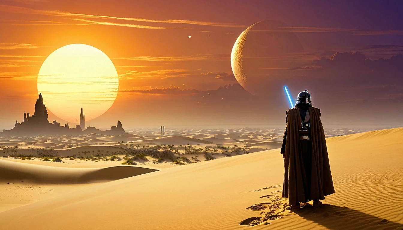 “Imagine a scene on a distant desert planet, reminiscente de Tatooine, where a lone Jedi knight finds himself on a sand dune, observando o horizonte. In the sky, two moons are visible, e ao longe, the ruins of an ancient civilization emerge from the sands. The light of the sunset reflects off the Jedi's lightsaber, creating a contrast with the shadows that begin to lengthen across the desert,hyper realistic composition,32k resolution,cinematic composition,cinematic color grading.photography whit Phaseone 35mm,death of field lens.