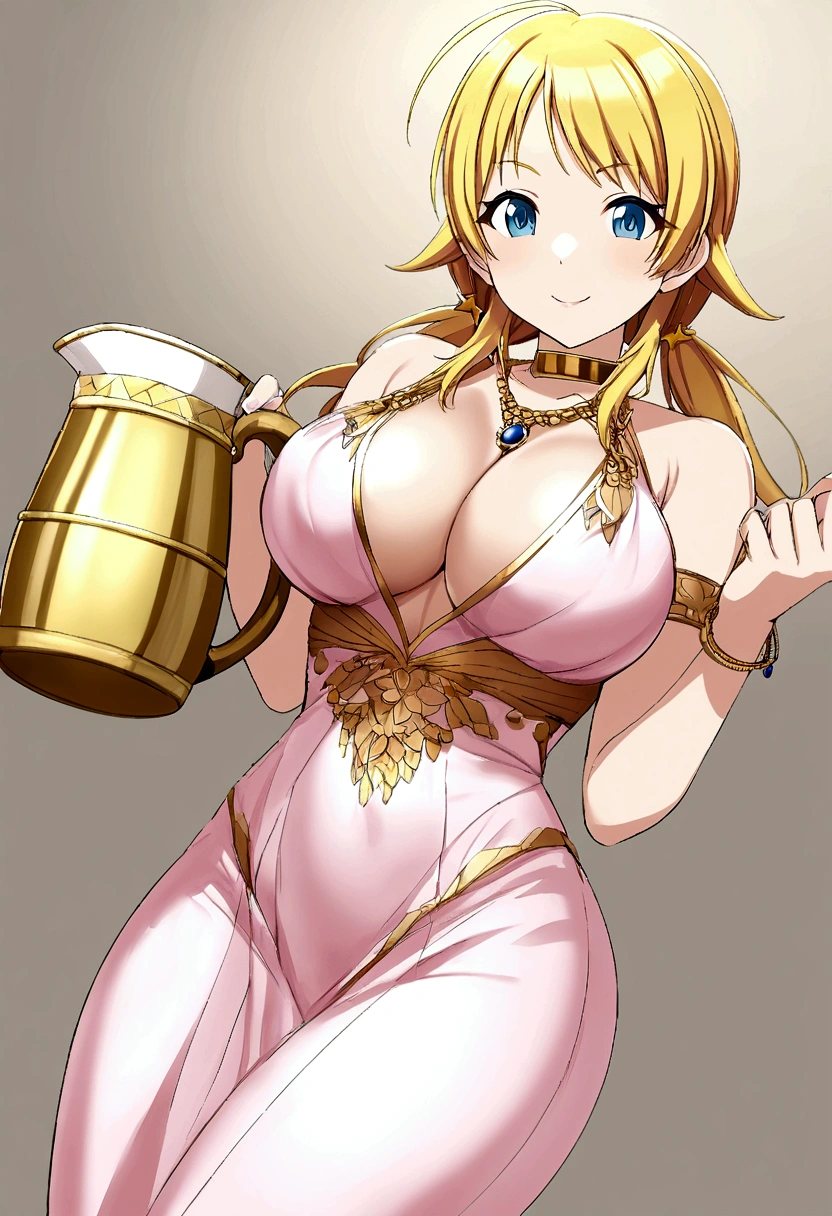 blonde Hachimiya Meguru with twintails, a very detailed face, blue eyes, a pink tight simple dress with very large breasts, a slim waist, slim hips, a very deep cleavage, golden necklaces and a golden choker. She is holding a pitcher.