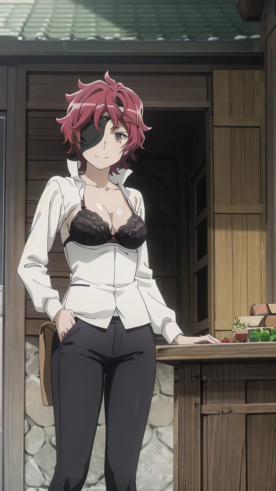 alone, One girl, View your viewers, 2D, anime, anime coloring, hephaestus, Eye patch, white lace bra,black pants , smile,forge,blacksmith’s shop,