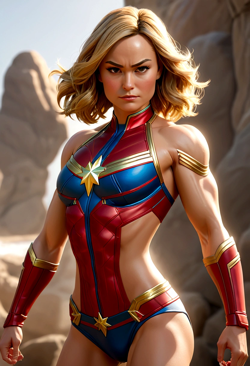 Make the character Captain Marvel very sexy in a bikini hot, Short thong bikini muscular body and bodybuilder. Best quality, 8k, high quality, bodybuilder girl.