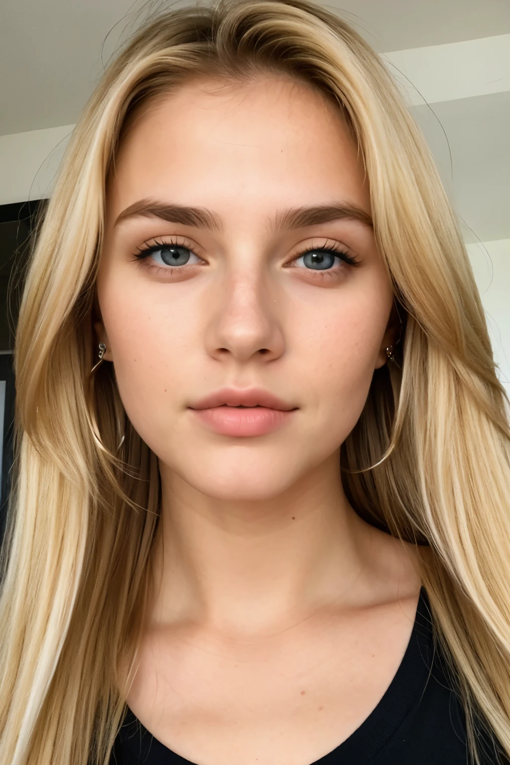 22 year old white woman with triangular face, ojos color negro, blonde hair long size, ultra realiosta, de frente.