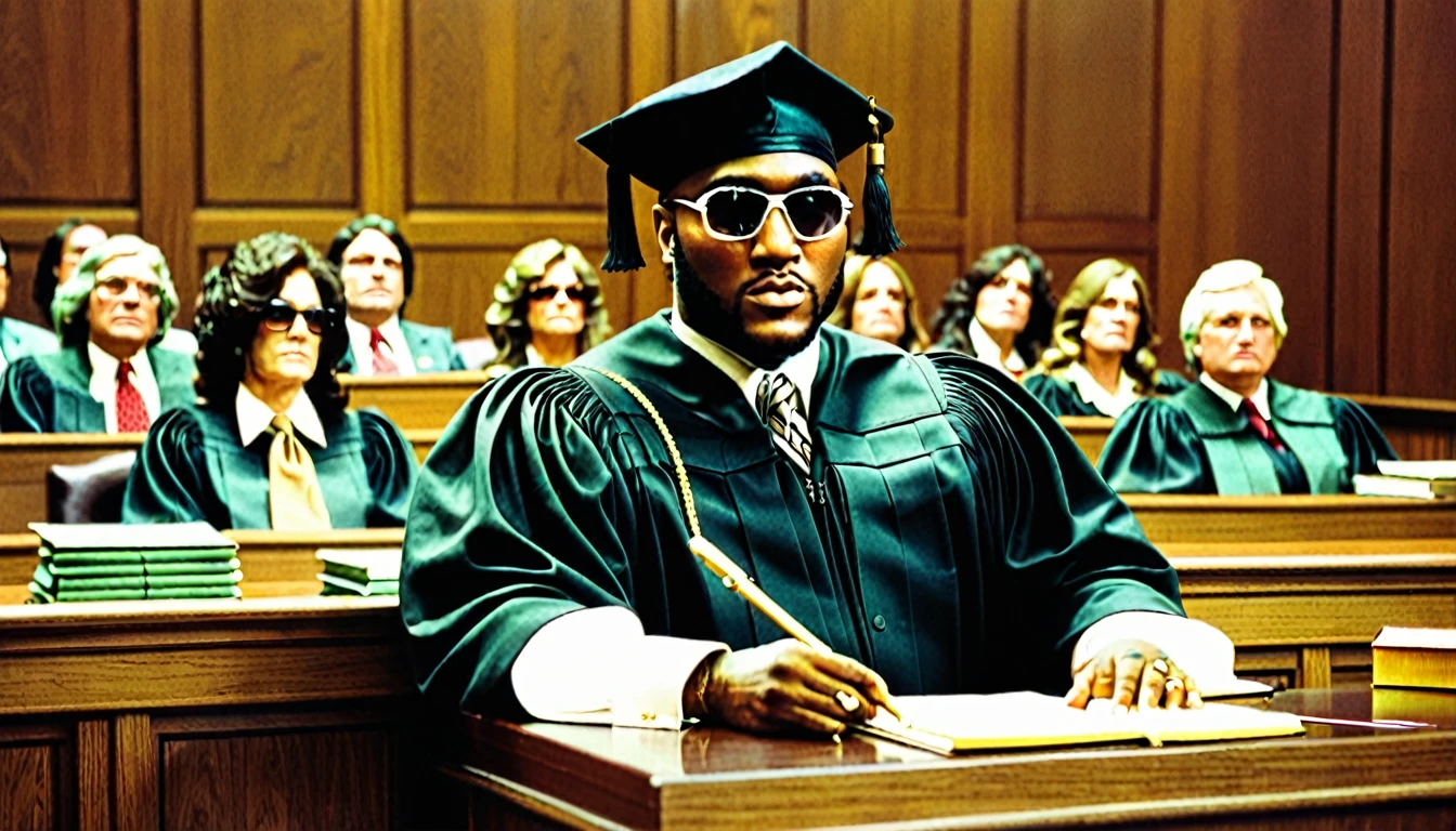 1970s photo of "Young Jeezy" dressed as a municipal judge, courtroom, cash,
