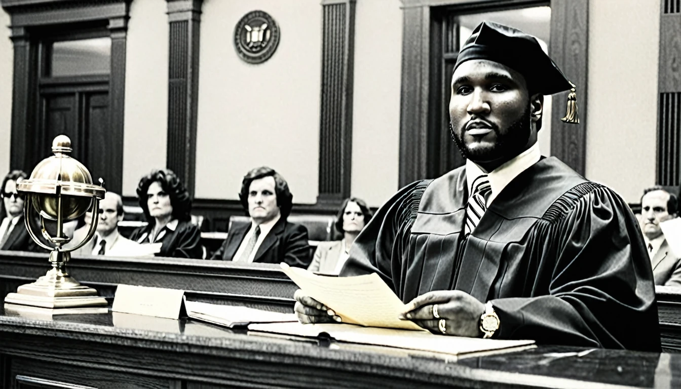 1970s photo of "Young Jeezy" dressed as a municipal judge, courtroom, cash,