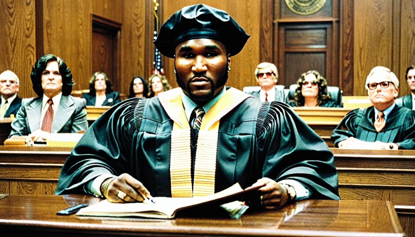 1970s photo of "Young Jeezy" dressed as a municipal judge, courtroom, cash,