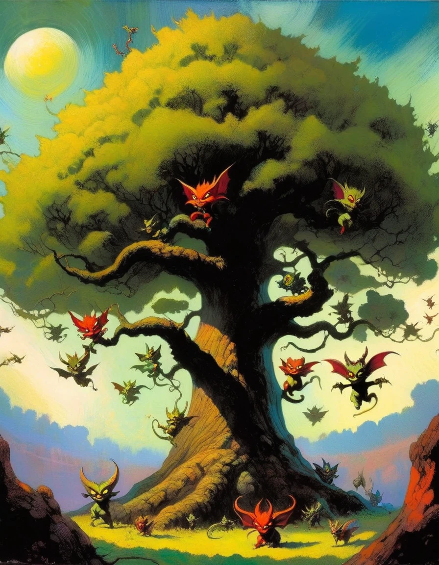 large tree that climbs to the heavens, impressive landscape, small and funny demons inhabit the tree, (art inspired in Skottie Young and Bill Sienkiewicz). oil painting)
