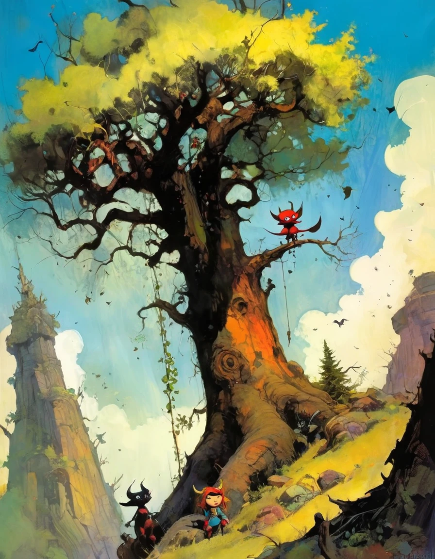 large tree that climbs to the heavens, impressive landscape, small and funny demons inhabit the tree, (art inspired in Skottie Young and Bill Sienkiewicz). oil painting)
