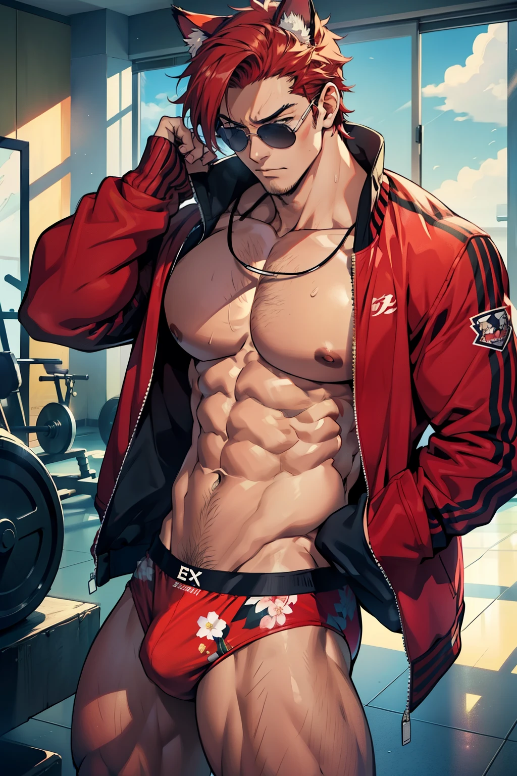 (1 boy,Be a man),Muscular anime guy in the gym, facial expression like masturbation, 1boy, bikini, Tight muscles, Broad shoulders, Handsome and old, Tiny underwear, Sexy, sex, Guy, Gay, Sea, jacket, sunglasses, boy, floral bikini, bright red hair, tight leg muscles, big Cook, cat ears,