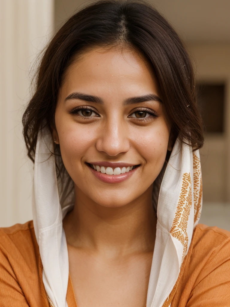 28YO, one women, cute smile, white teethes, Arab, from Jordan, long burnt orange shirt, light brown eyes