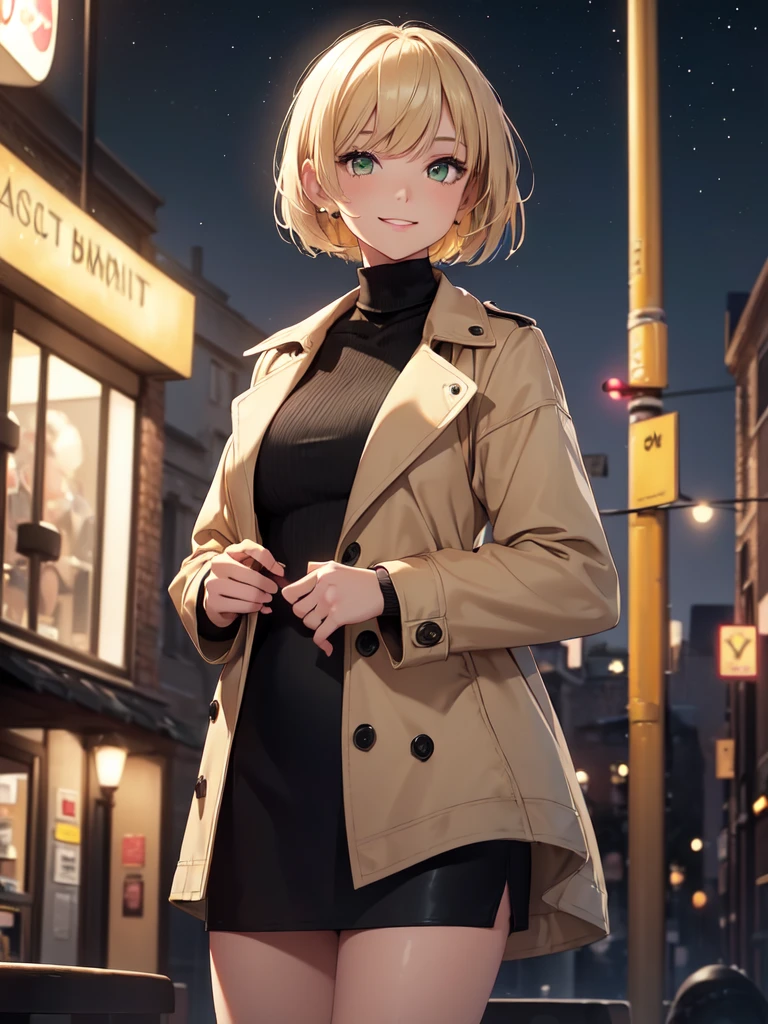 1girl, short blonde hair with bangs, almond shaped green eyes, wearing a simple black turtleneck, a beige trench coat, a black mini skirt, black knee high boots, slight makeup, rose lipgloss, smiling softly, black barret, absurdres, high res, ultrasharp, 8k, masterpiece, standing infront of a cafe, starry night sky