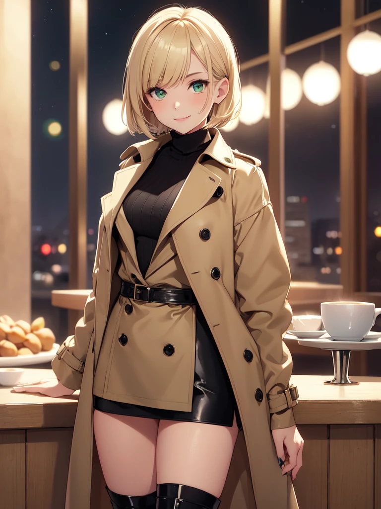 1girl, short blonde hair with bangs, almond shaped green eyes, wearing a simple black turtleneck, a beige trench coat, a black mini skirt, black knee high boots, slight makeup, rose lipgloss, smiling softly, black barret, absurdres, high res, ultrasharp, 8k, masterpiece, standing infront of a cafe, starry night sky