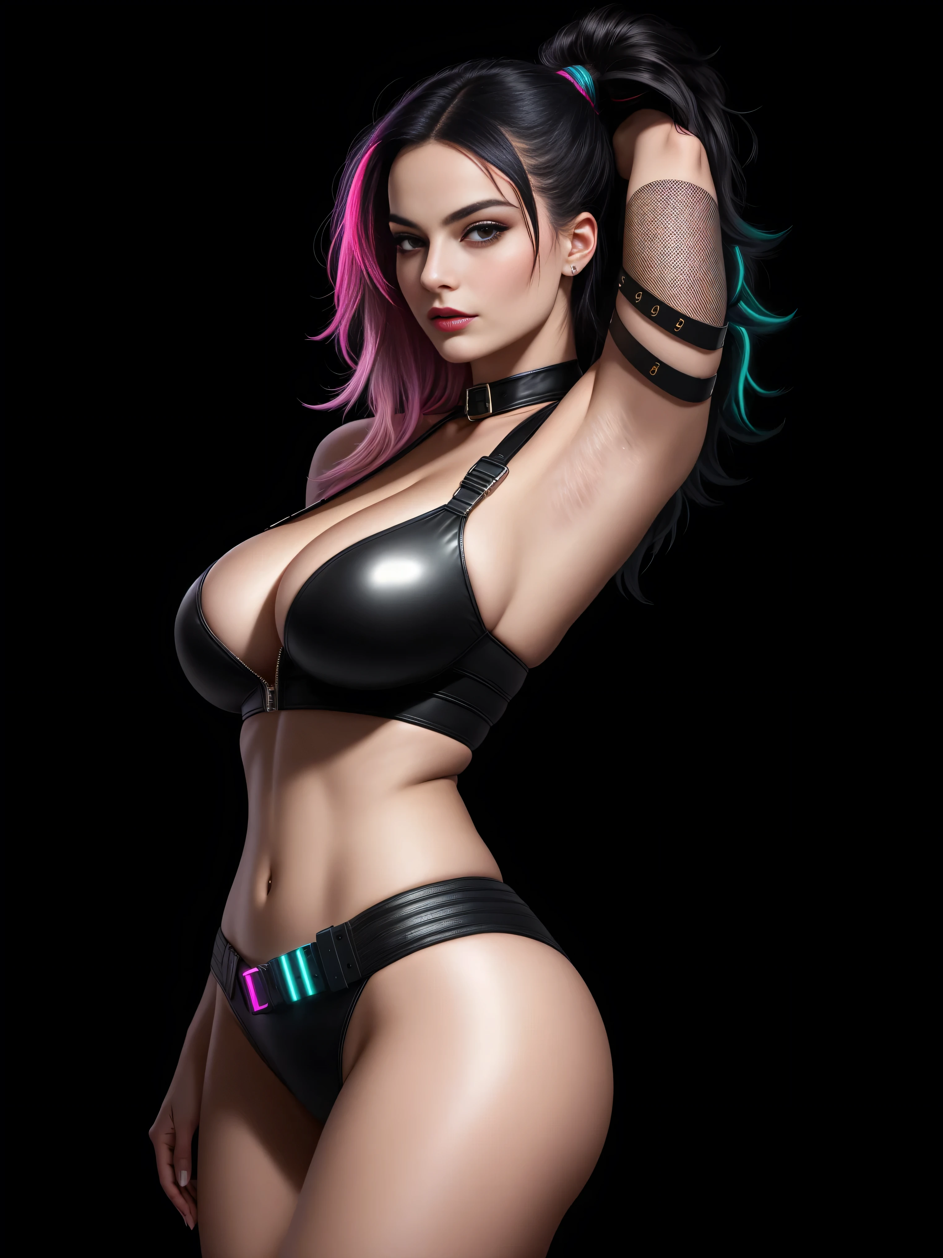 there is Margot Robbie, black neon streaked hair, hair in pony tail, 3 d neon art of a womans body, neon-noir background, cyberpunk femme fatale, seductive cyberpunk dark fantasy, cyberpunk strip clubs, cyberpunk 20 y. o model girl, oppai cyberpunk, banner, high definition cgsociety, cgsociety masterpiece, trending on cgstation, kda, random hair, nice ass, back to camera, gigantic breasts, cleavage, (high detailed skin:1.2), 8k uhd, dslr, super lighting, high quality, film grain, high res, highly detailed, hyper realistic, beautiful face, beautiful body, beautiful eyes nose lips, alluring expression, very bold, upper visible, full body photo, standing legs apart, pale translucent glowing skin, most beautiful face, cute, (well defined pubic hair:1.2)), (dark plain black background:1.4))