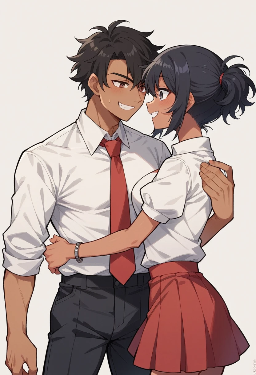 Chica de pelo suelto de color negro con rojo, piel medio morena, ojos cafes, red skirt and white shirt with red tie who is hugging and smiling with a black-haired boy with a small ponytail and medium-dark skin, ojos cafes,black pants with red tie,que los dos sean hermanos