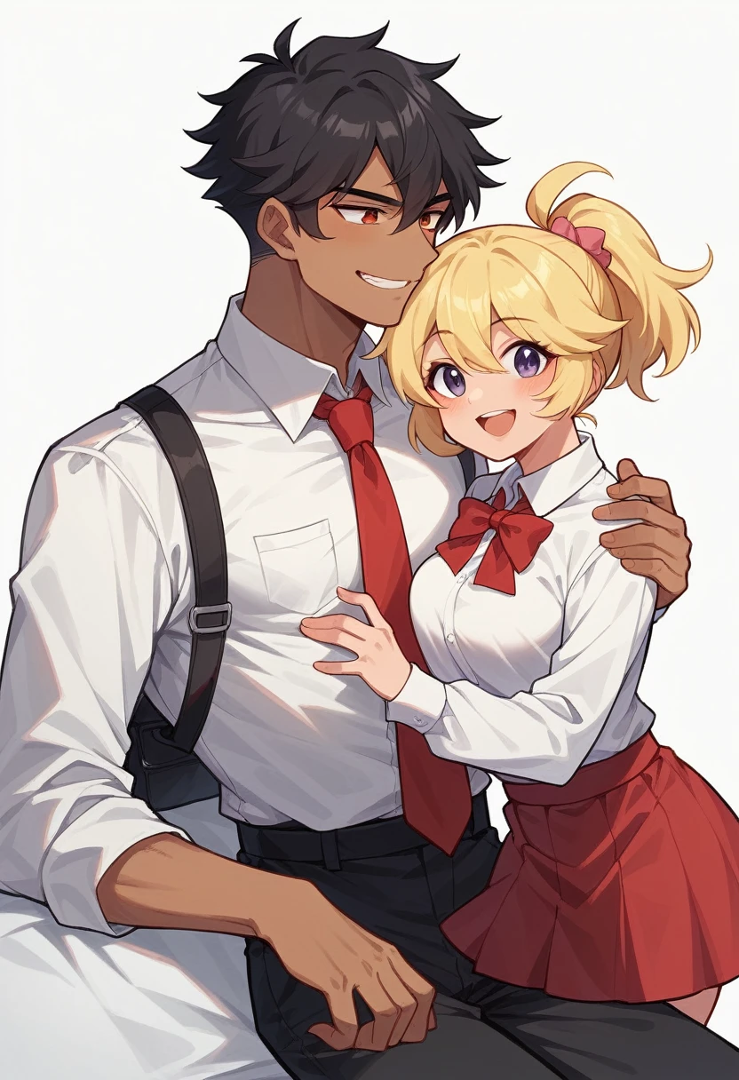 Chica de pelo suelto de color negro con rojo, piel medio morena, ojos cafes, red skirt and white shirt with red tie who is hugging and smiling with a black-haired boy with a small ponytail and medium-dark skin, ojos cafes,black pants with red tie,que los dos sean hermanos