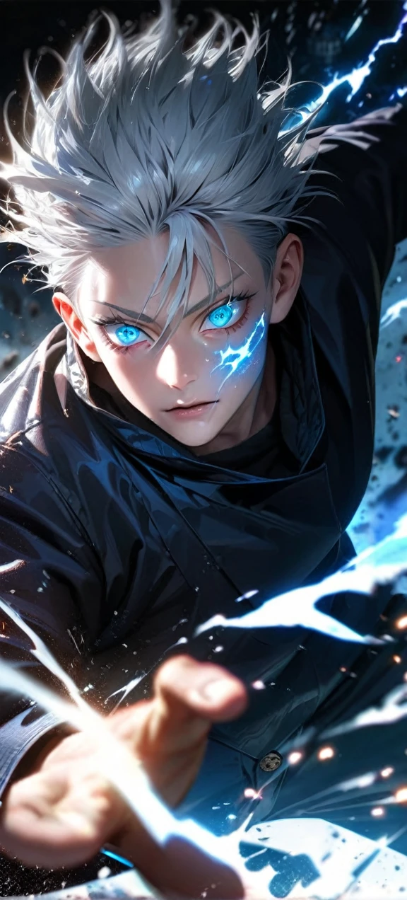 High quality, ultra realistic,absurdres, highres, ultra detailed, HDR, masterpiece, extremely detailed face and eyes, Gojo satoru , jujutsu kaisen,, white hair ,black shirt , solo, ,man, handsome, ,white eyeleshes, blue eyes , Epic fight scene, blue splashing effect,blue lightning effect,glowing glitters ,
