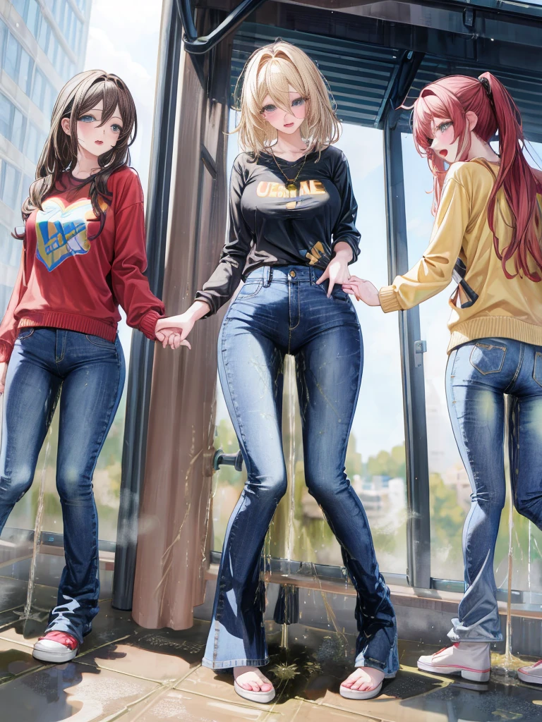 nsfw, masterpiece, best quality, high resolution, 3girls at the age of 20 year wearing ((jeans pants)), topless and barefeet in a restroom, blushing and worried, full body, ((((((big pee stain))))))