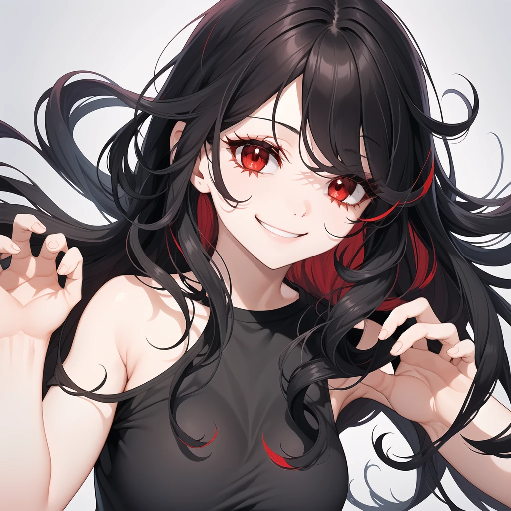1girl, solo, upper body,
Black hair, long hair, wavy hair, red highlights
Red eyes, long eyelashes, thick eyelashes, looking at viewer,
smile,
Black shirt,
white background, simple background,