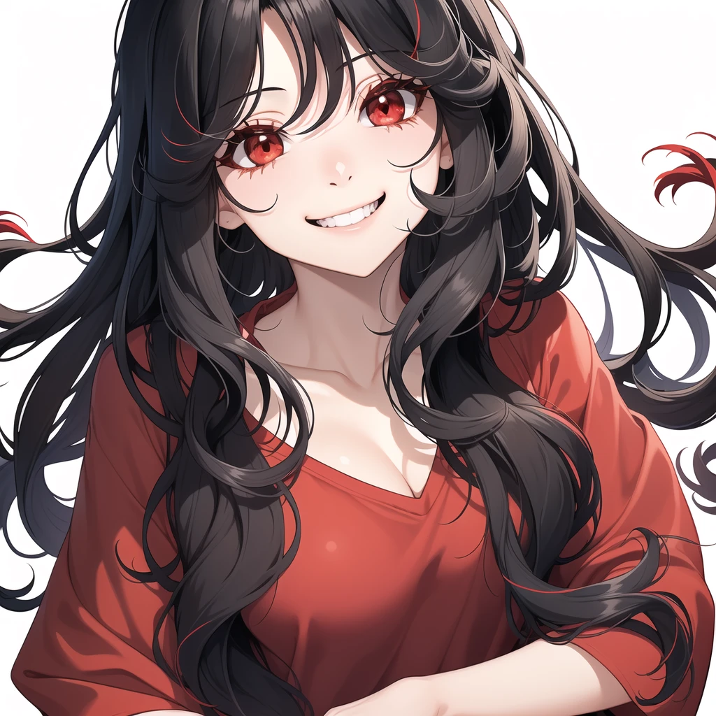 1girl, solo, upper body,
Black hair, long hair, wavy hair, red highlights
Red eyes, long eyelashes, thick eyelashes, looking at viewer,
smile,
Black shirt,
white background, simple background,