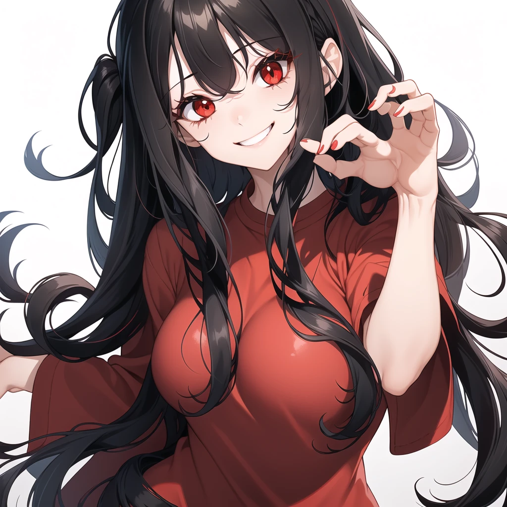 1girl, solo, upper body,
Black hair, long hair, wavy hair, red highlights
Red eyes, long eyelashes, thick eyelashes, looking at viewer,
smile,
Black shirt,
white background, simple background,